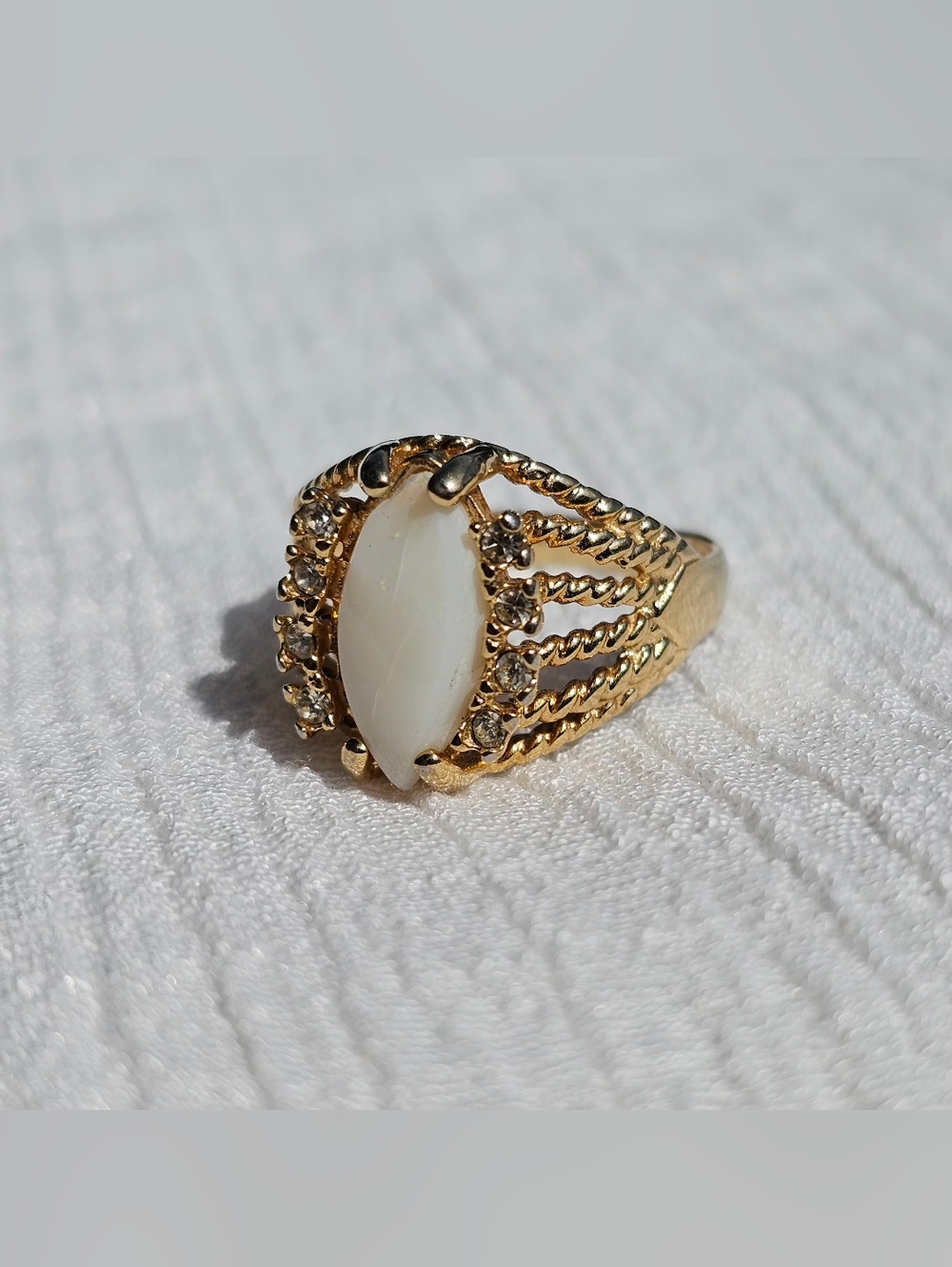 Vintage Opal Ring 18K HGE Gold Marquise Statement Edwardian Filigree Band